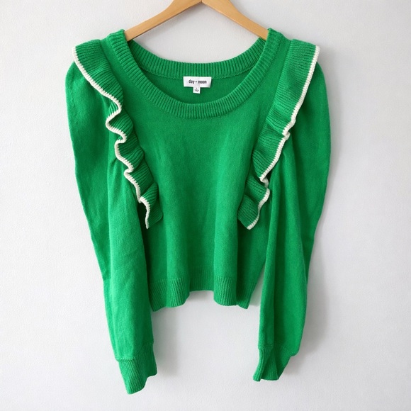 Emerald Green Ruffle Shoulder Sweater Cropped Knit Top Preppy Romantic Medium - Picture 2 of 7